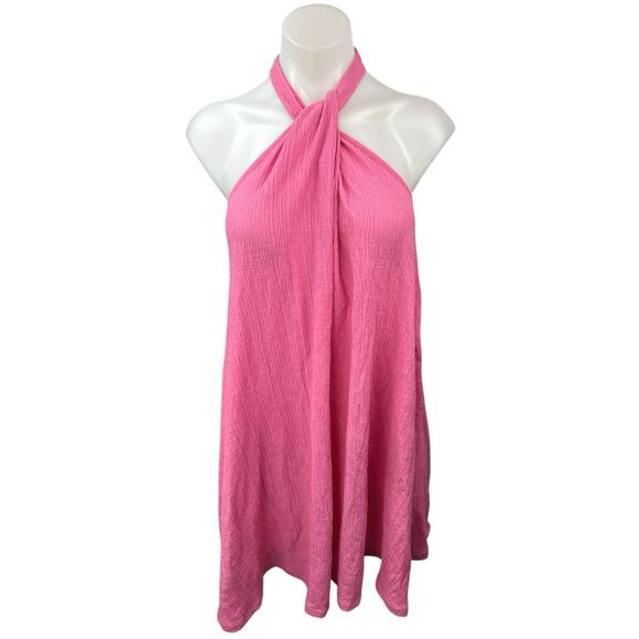 H&M Women's Pink Halter Neck Sleeveless Gauze Party Shift Mini Dress Size XS - Picture 1 of 5